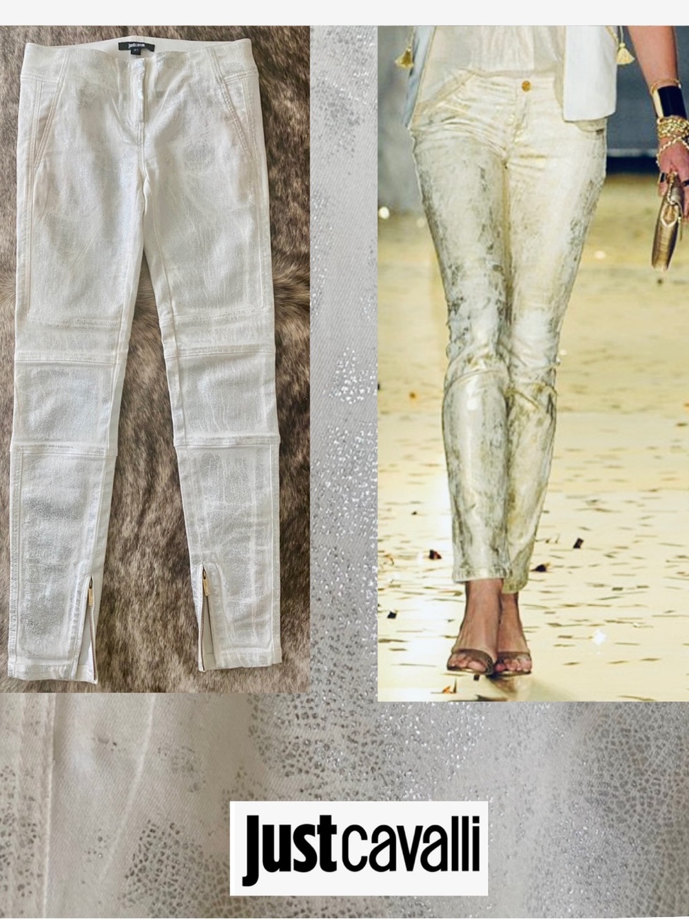 Just Cavalli White Pants with Silver Metallic Print